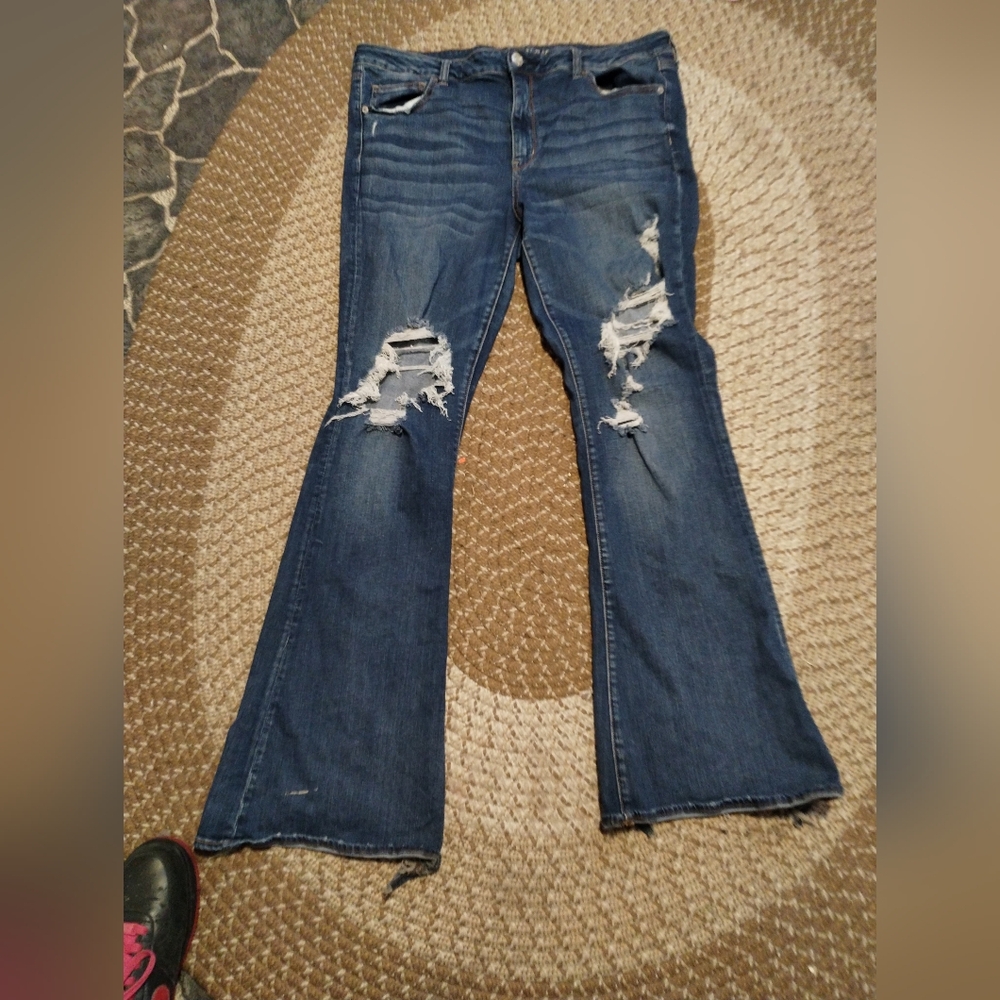 American Eagle Distressed Flare Dark Blue Jeans Womens
